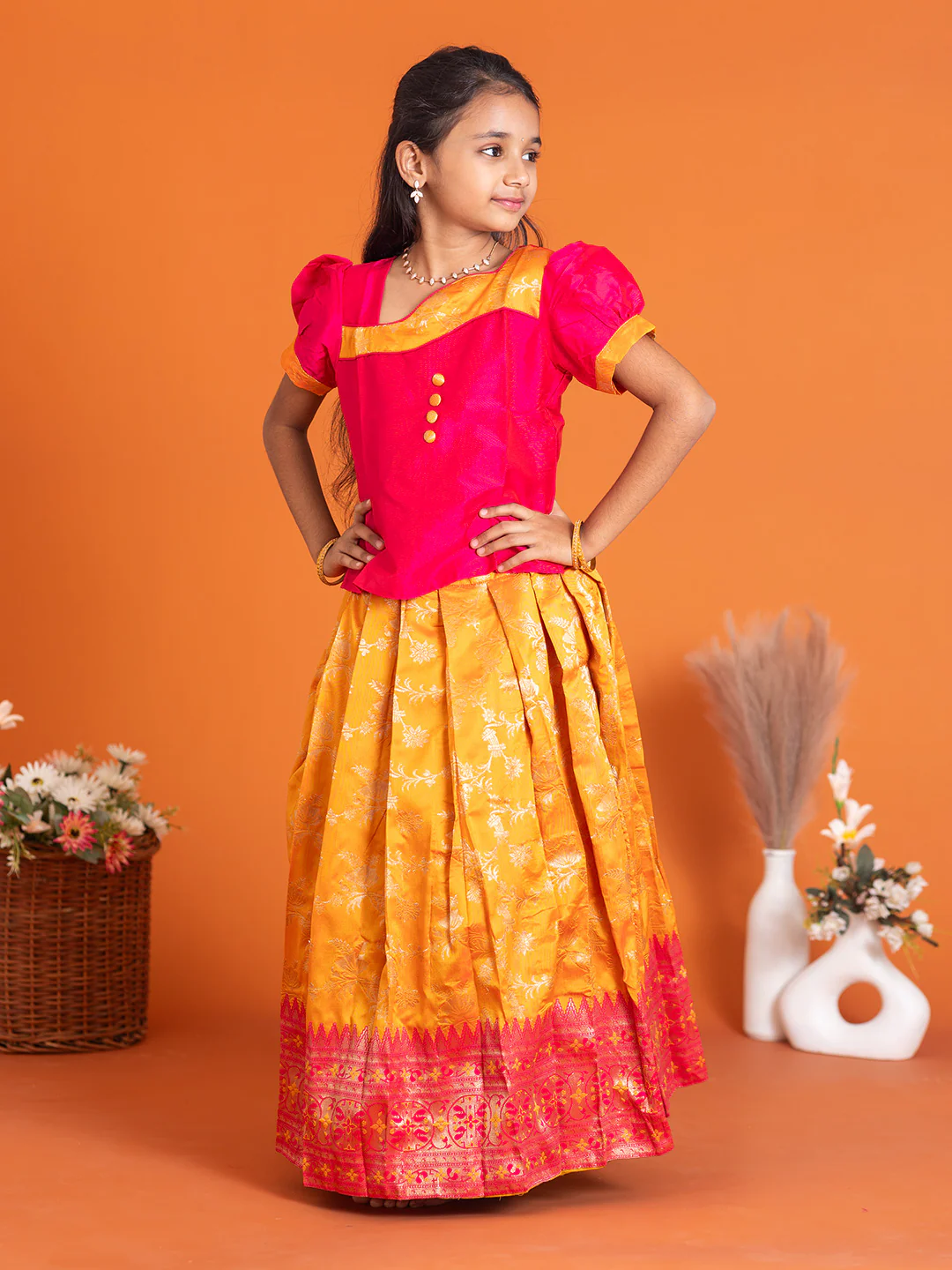 Girls Pattu Pavadai Set Pink with Orange Traditional Ethnic Wear GPS39 - Image 6