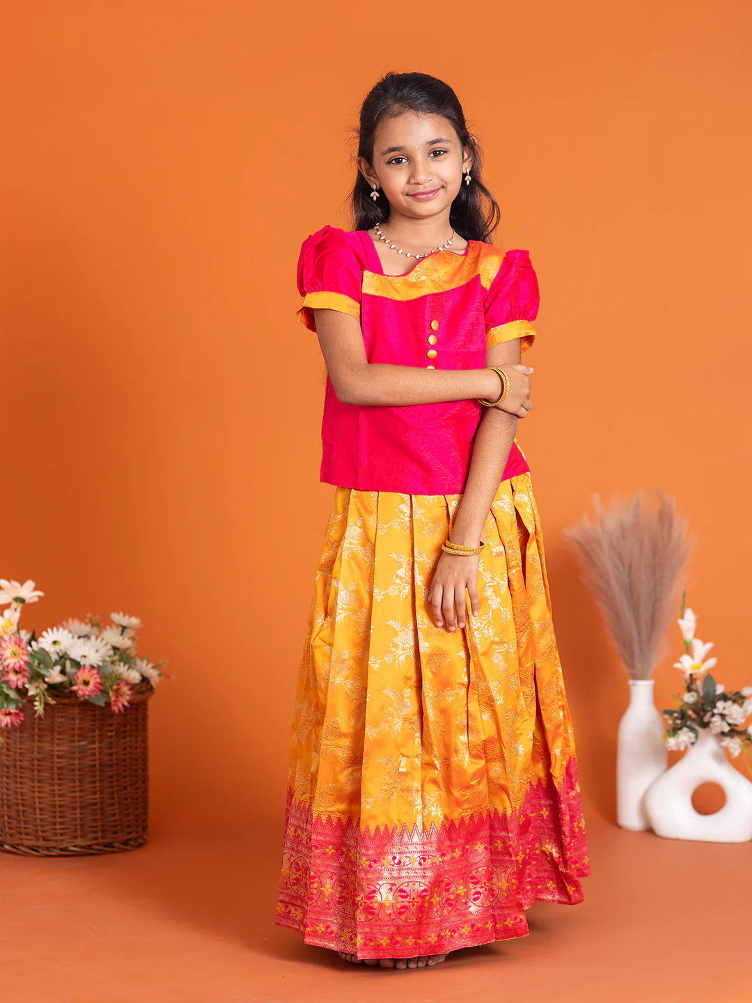 Girls Pattu Pavadai Set Pink with Orange Traditional Ethnic Wear GPS39 - Image 7