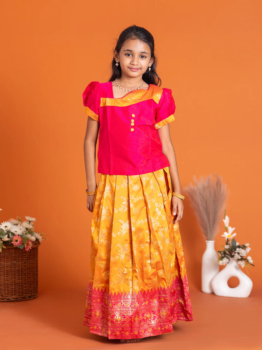 Girls Pattu Pavadai Set Pink with Orange Traditional Ethnic Wear GPS39 - Image 8