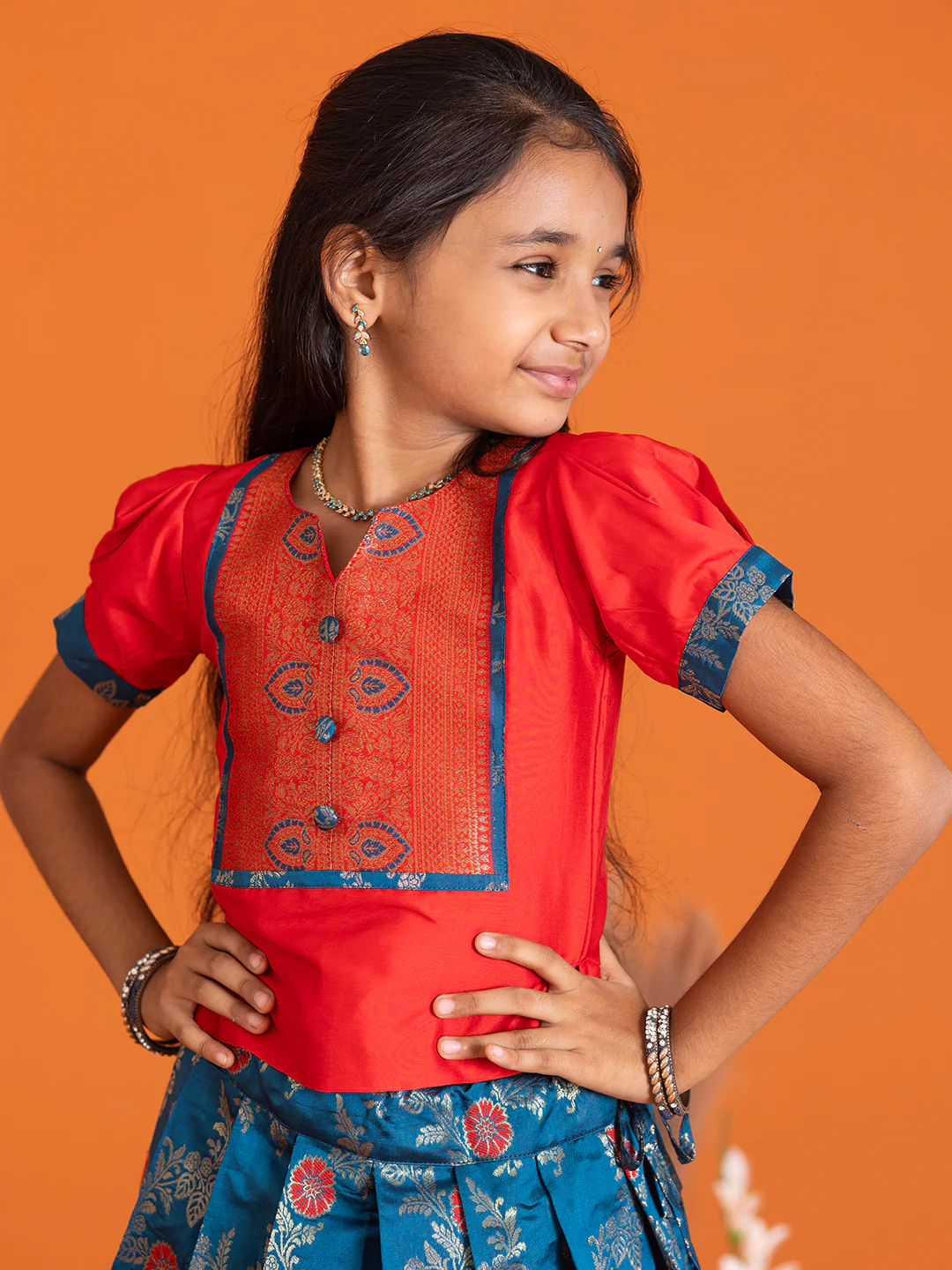 Girls Pattu Pavadai Set Red with Blue Traditional Ethnic Wear GPS29 - Image 2
