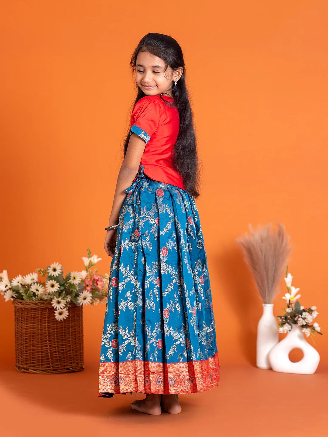 Girls Pattu Pavadai Set Red with Blue Traditional Ethnic Wear GPS29 - Image 3