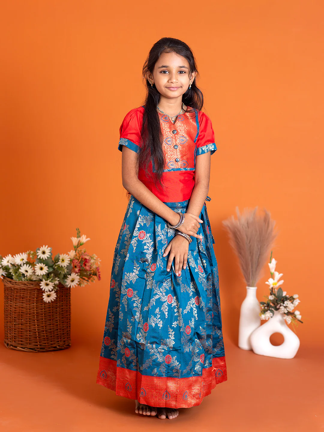 Girls Pattu Pavadai Set Red with Blue Traditional Ethnic Wear GPS29 - Image 4