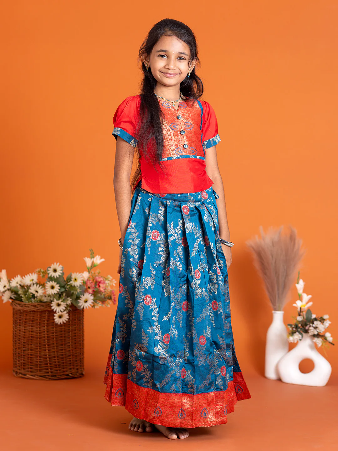 Girls Pattu Pavadai Set Red with Blue Traditional Ethnic Wear GPS29 - Image 5