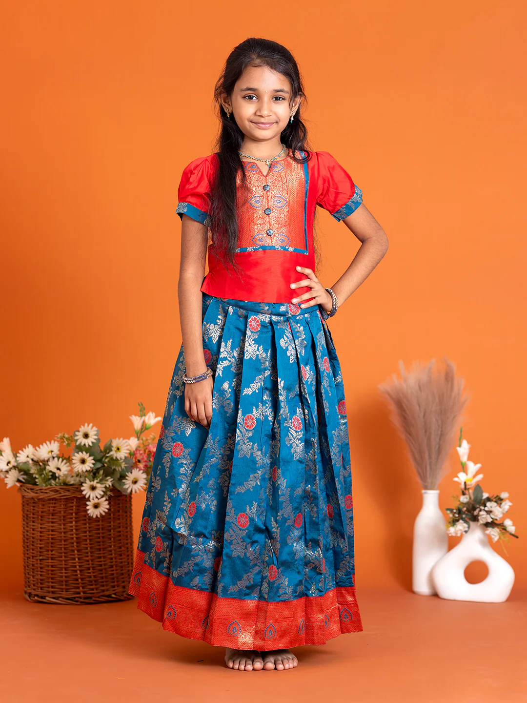 Girls Pattu Pavadai Set Red with Blue Traditional Ethnic Wear GPS29 - Image 6