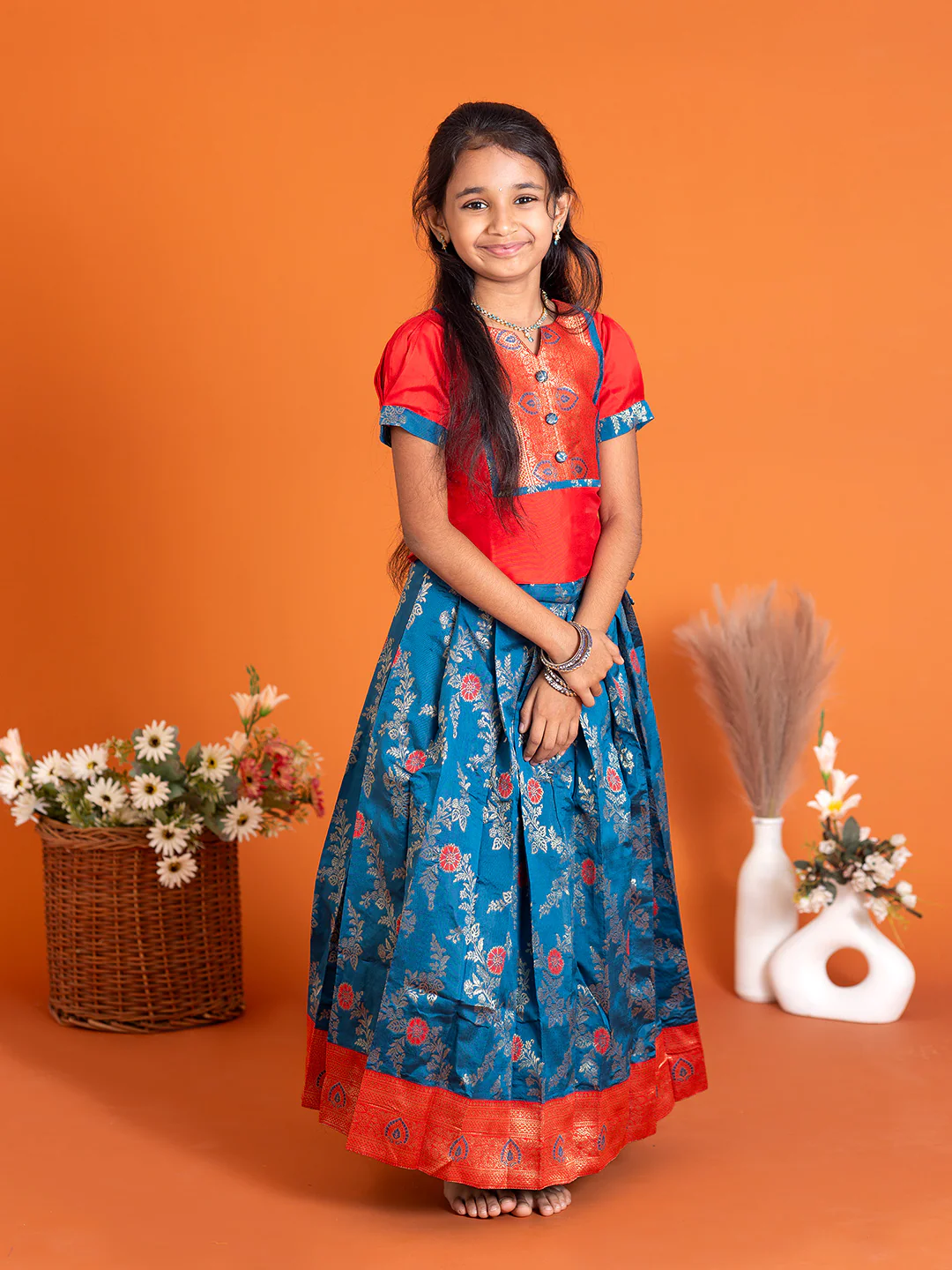 Girls Pattu Pavadai Set Red with Blue Traditional Ethnic Wear GPS29 - Image 7