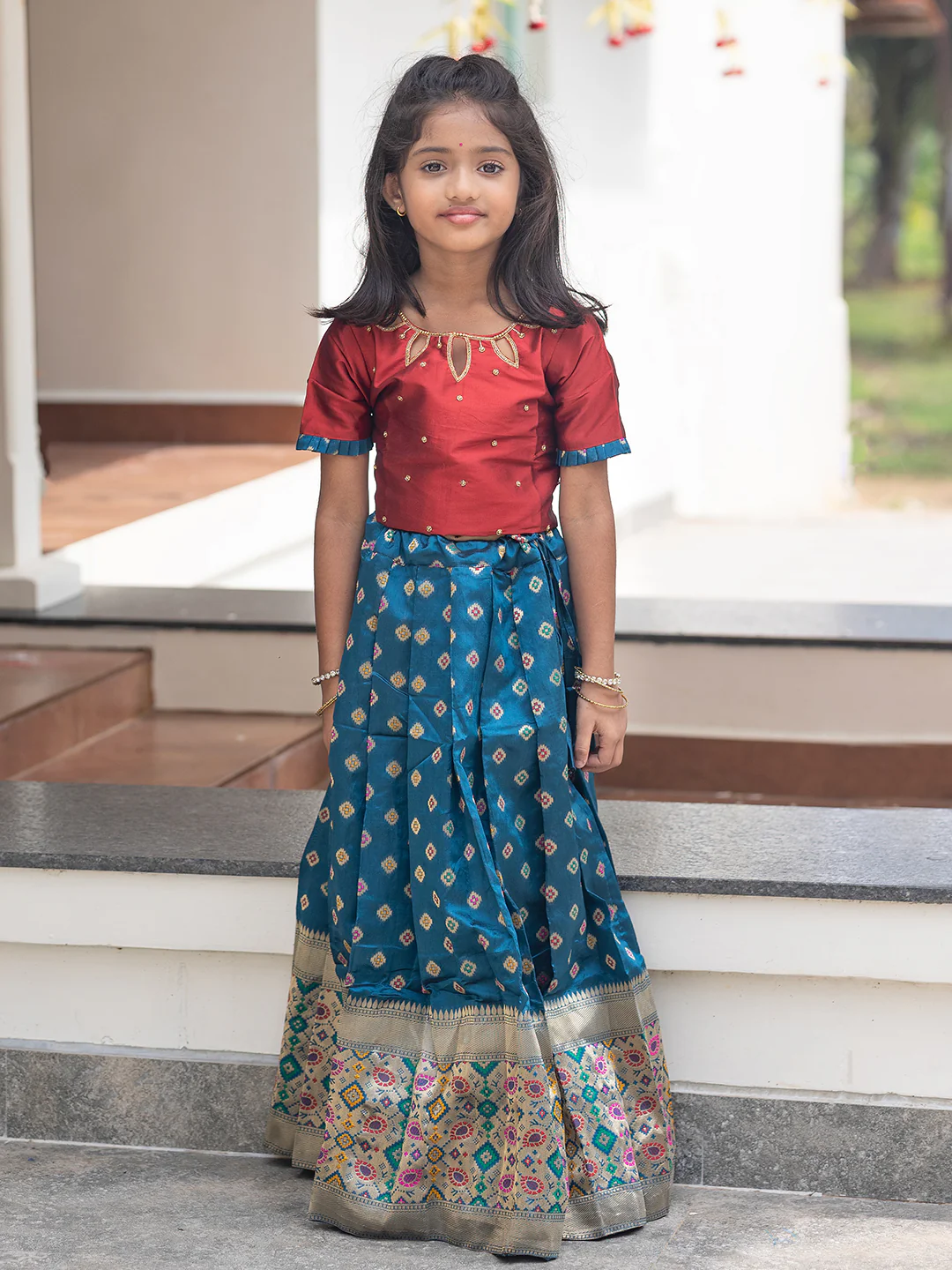 Girls Pattu Pavadai Set Red with Blue Traditional Ethnic Wear GPS34 - Image 2