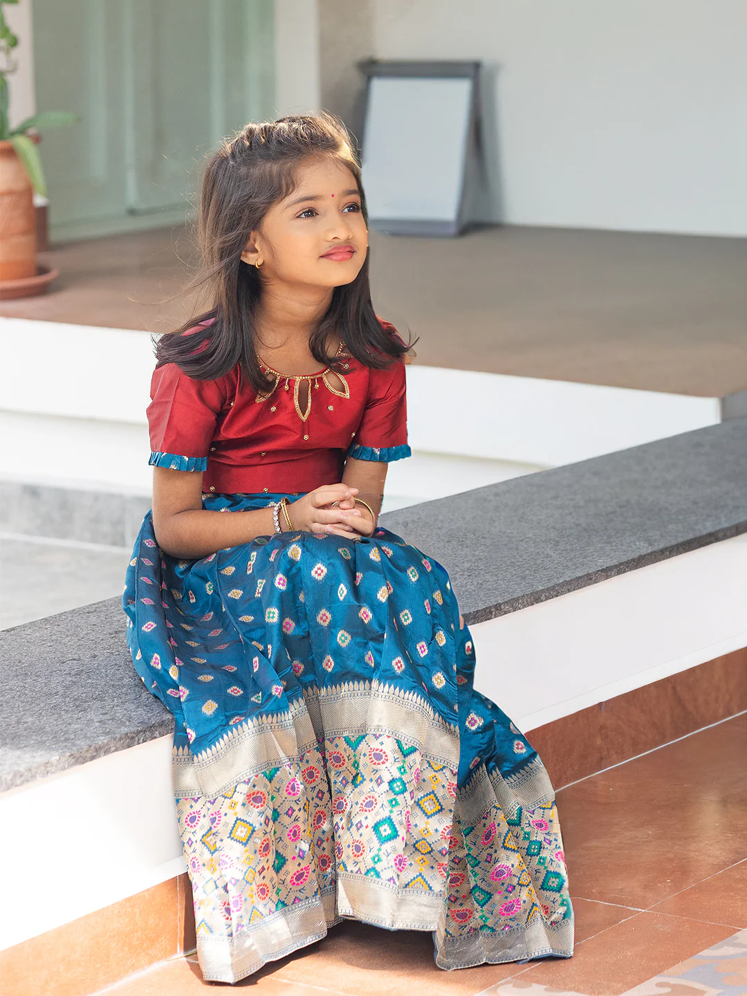 Girls Pattu Pavadai Set Red with Blue Traditional Ethnic Wear GPS34 - Image 3