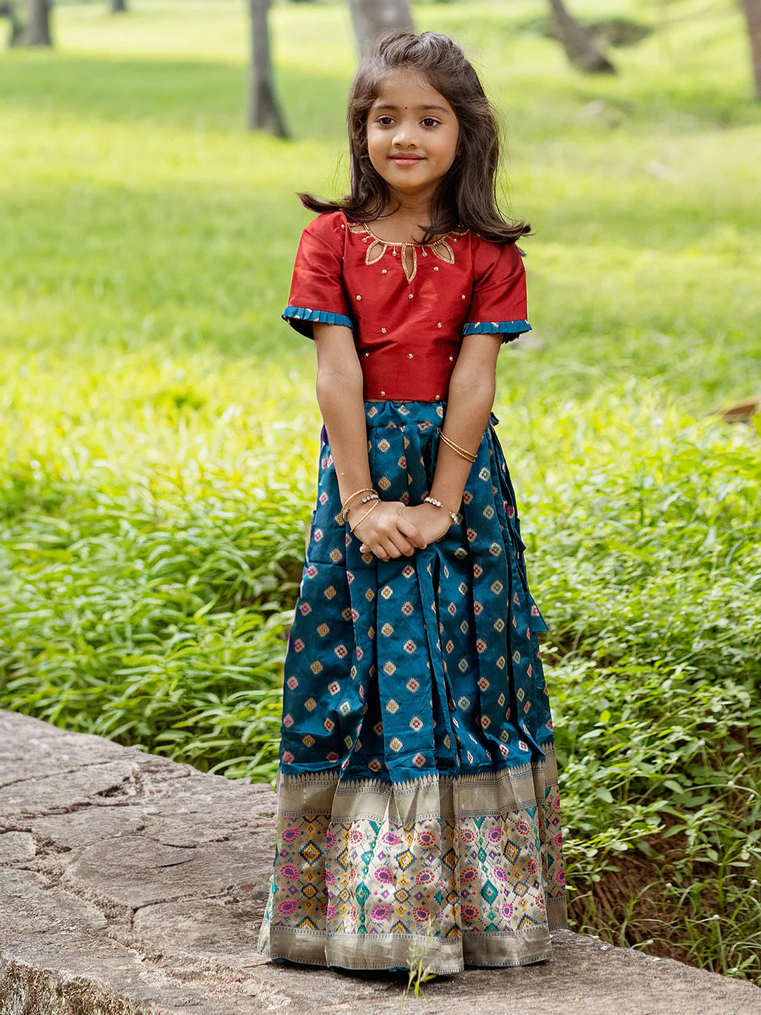 Girls Pattu Pavadai Set Red with Blue Traditional Ethnic Wear GPS34 - Image 5