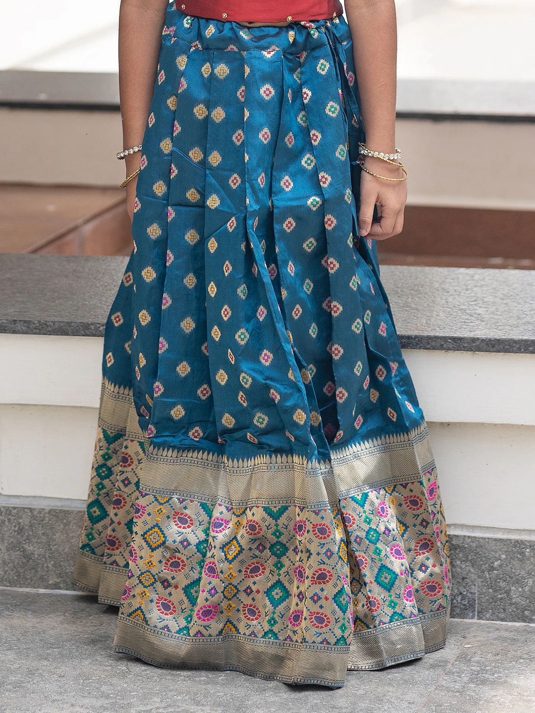 Girls Pattu Pavadai Set Red with Blue Traditional Ethnic Wear GPS34 - Image 6