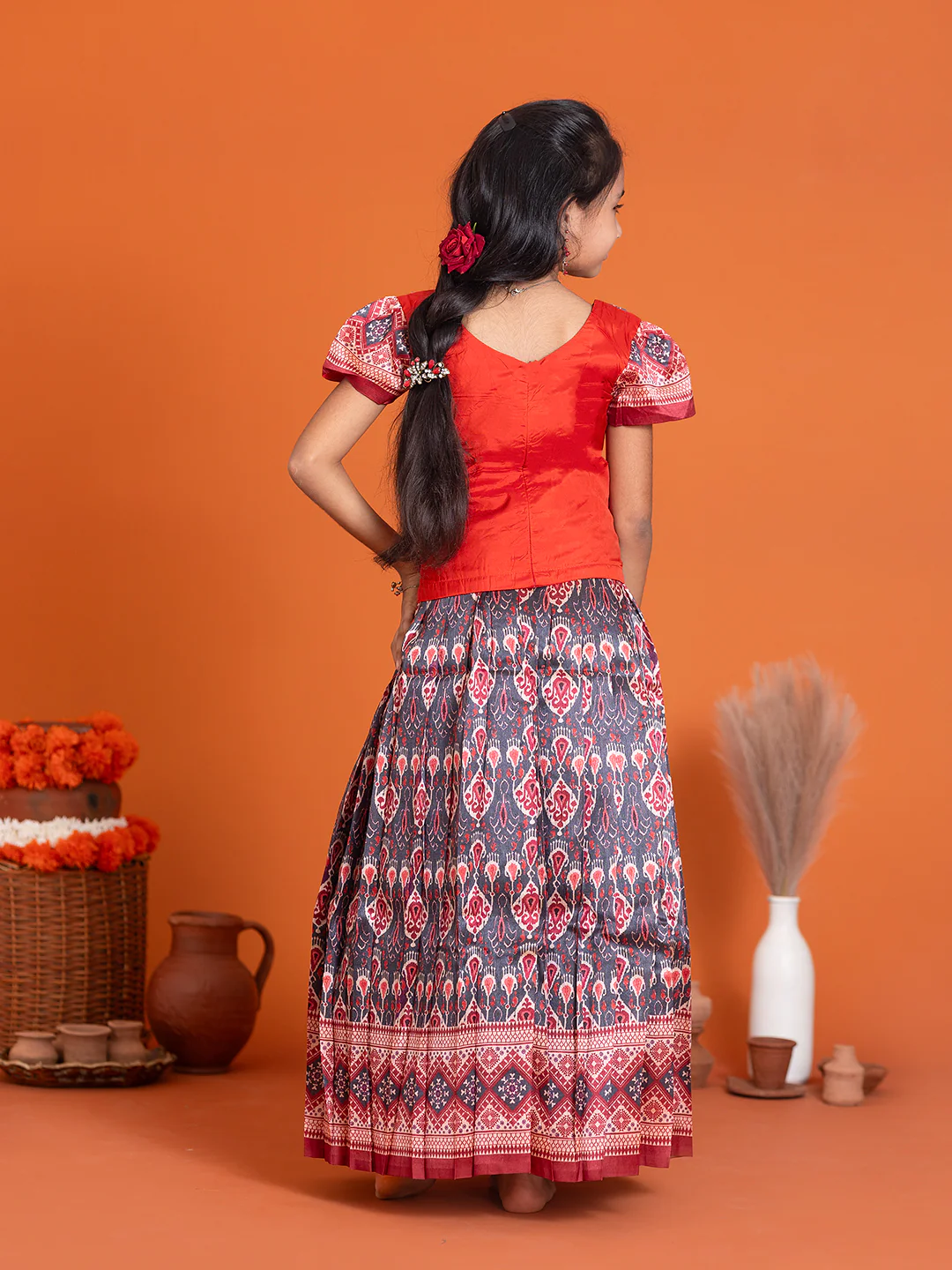 Girls Pattu Pavadai Set Red with Grey Traditional Ethnic Wear GPS30 - Image 3