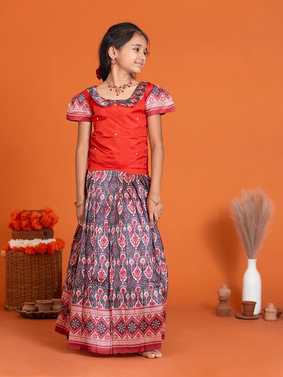 Girls Pattu Pavadai Set Red with Grey Traditional Ethnic Wear GPS30 - Image 4