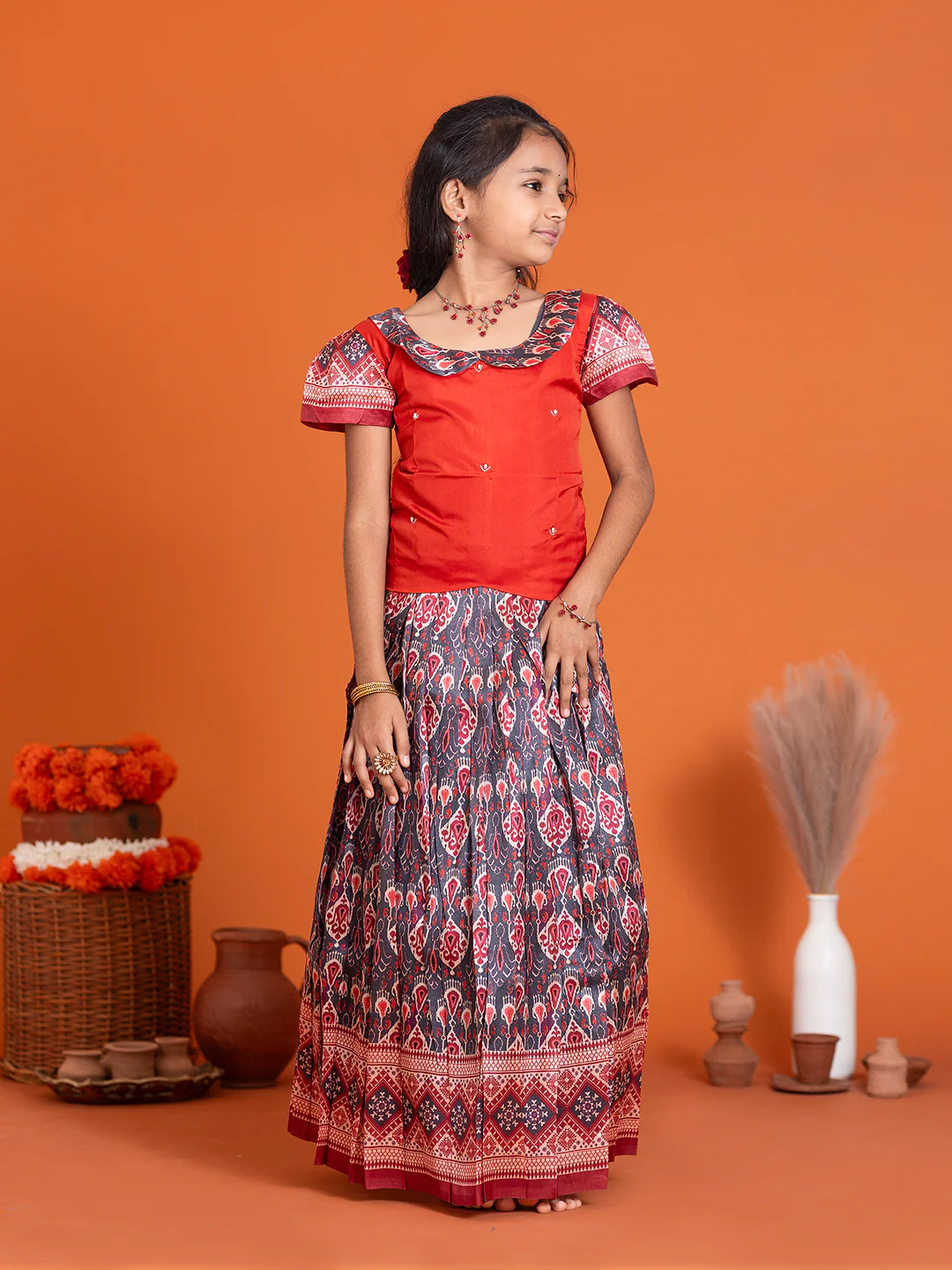 Girls Pattu Pavadai Set Red with Grey Traditional Ethnic Wear GPS30 - Image 5