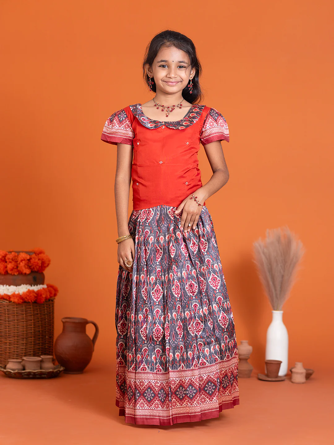 Girls Pattu Pavadai Set Red with Grey Traditional Ethnic Wear GPS30 - Image 6
