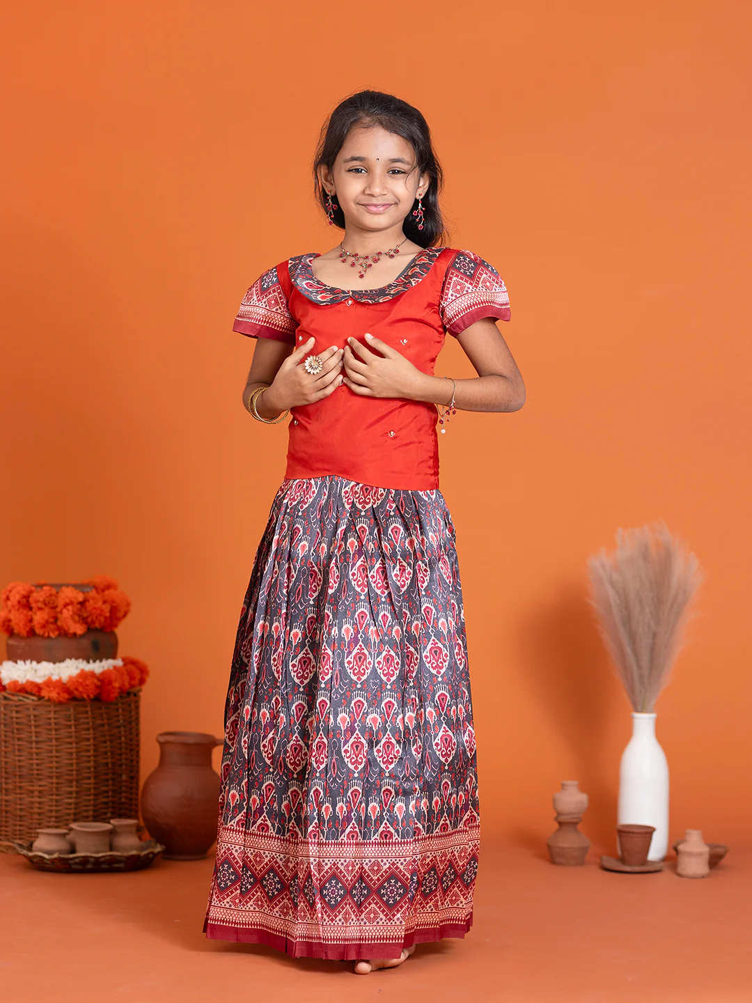 Girls Pattu Pavadai Set Red with Grey Traditional Ethnic Wear GPS30 - Image 7
