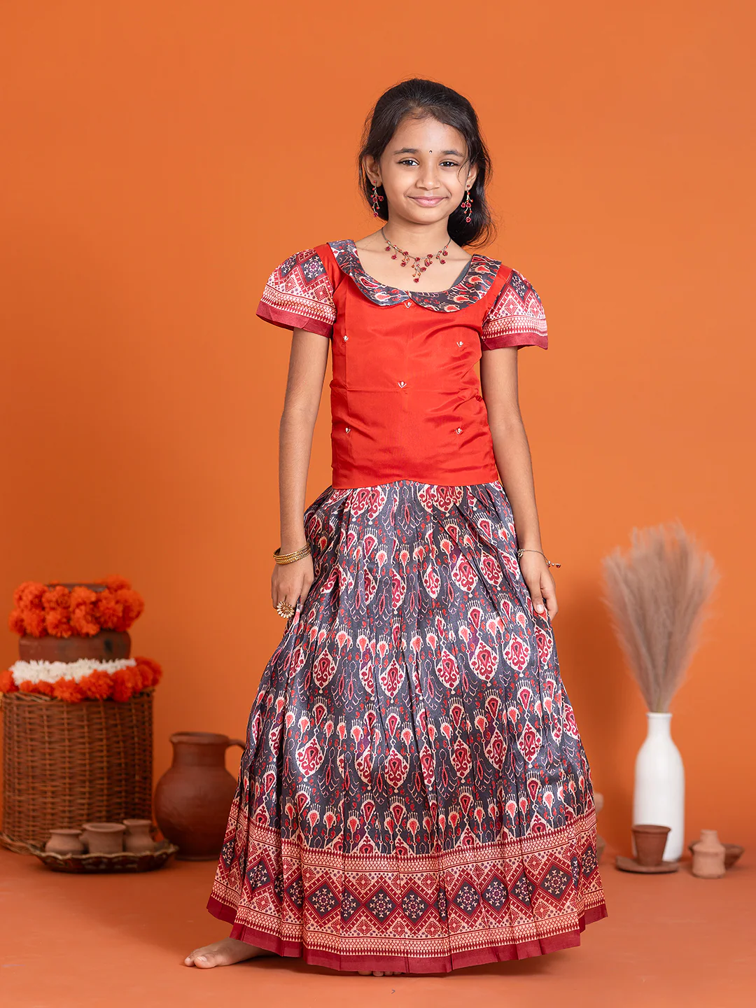 Girls Pattu Pavadai Set Red with Grey Traditional Ethnic Wear GPS30 - Image 8