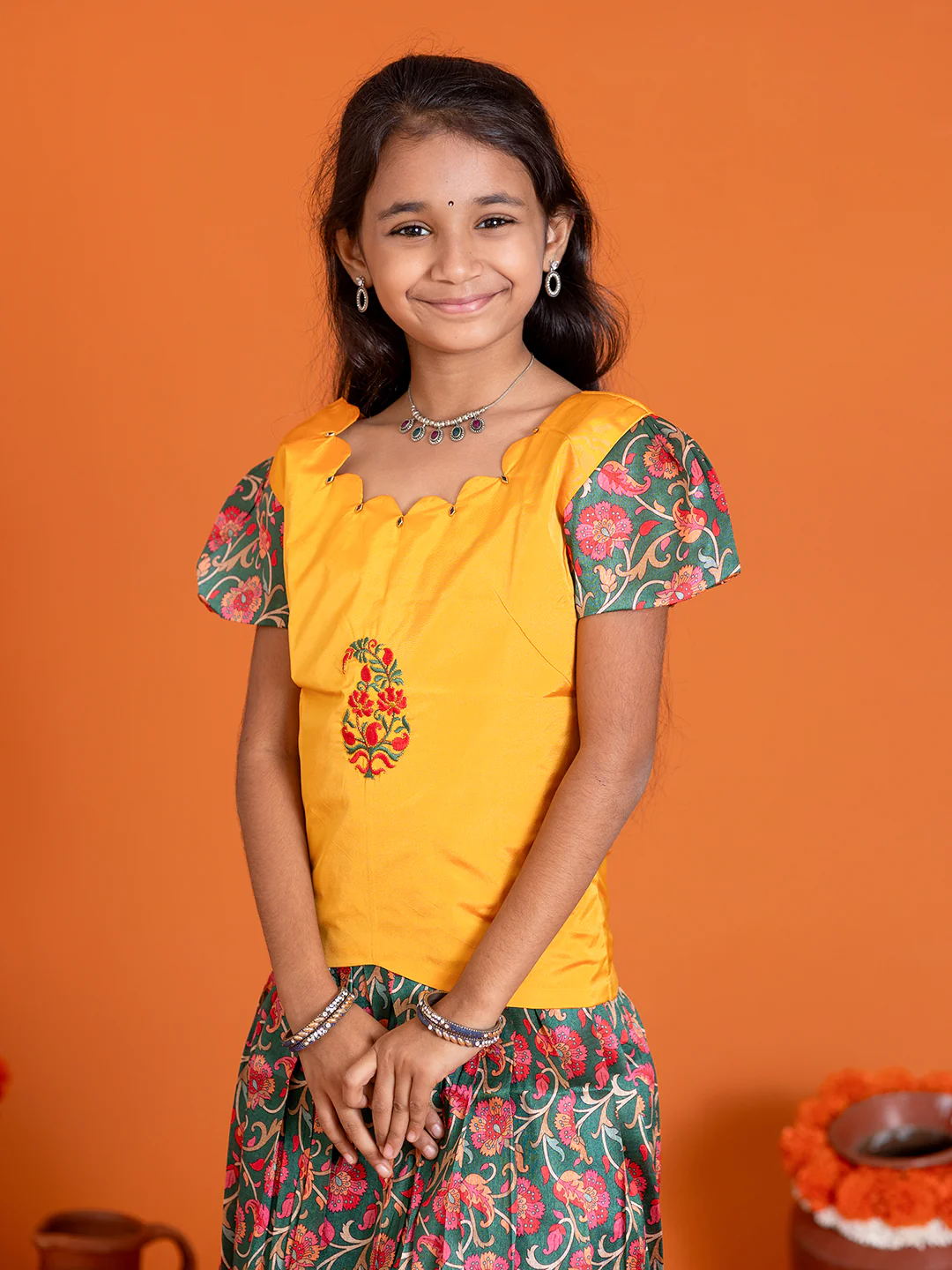 Girls Pattu Pavadai Set Yellow with Green Traditional Ethnic Wear GPS31 - Image 2