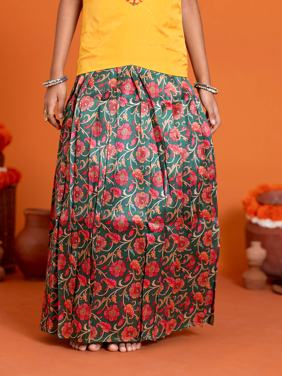 Girls Pattu Pavadai Set Yellow with Green Traditional Ethnic Wear GPS31 - Image 3