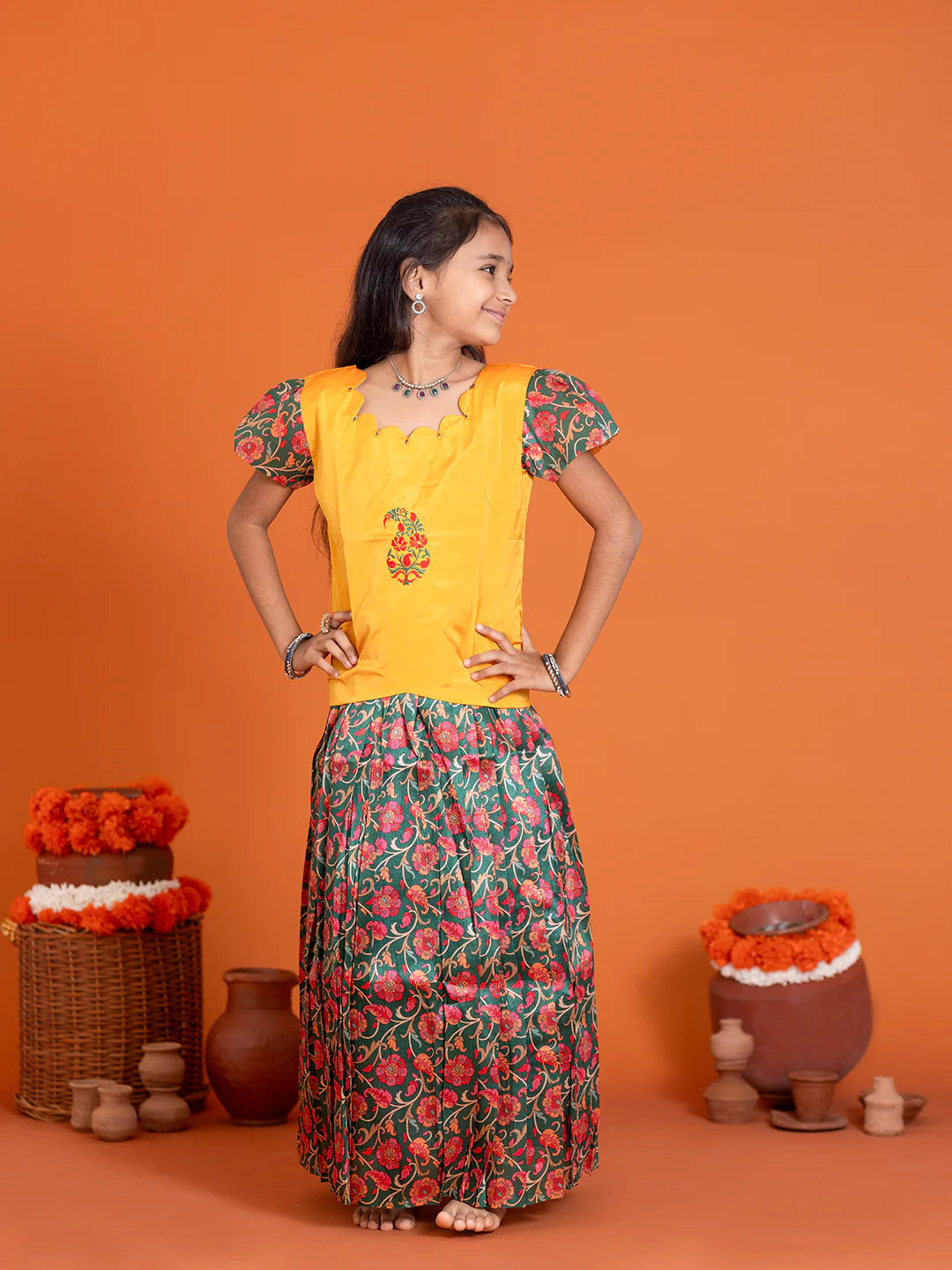 Girls Pattu Pavadai Set Yellow with Green Traditional Ethnic Wear GPS31 - Image 4