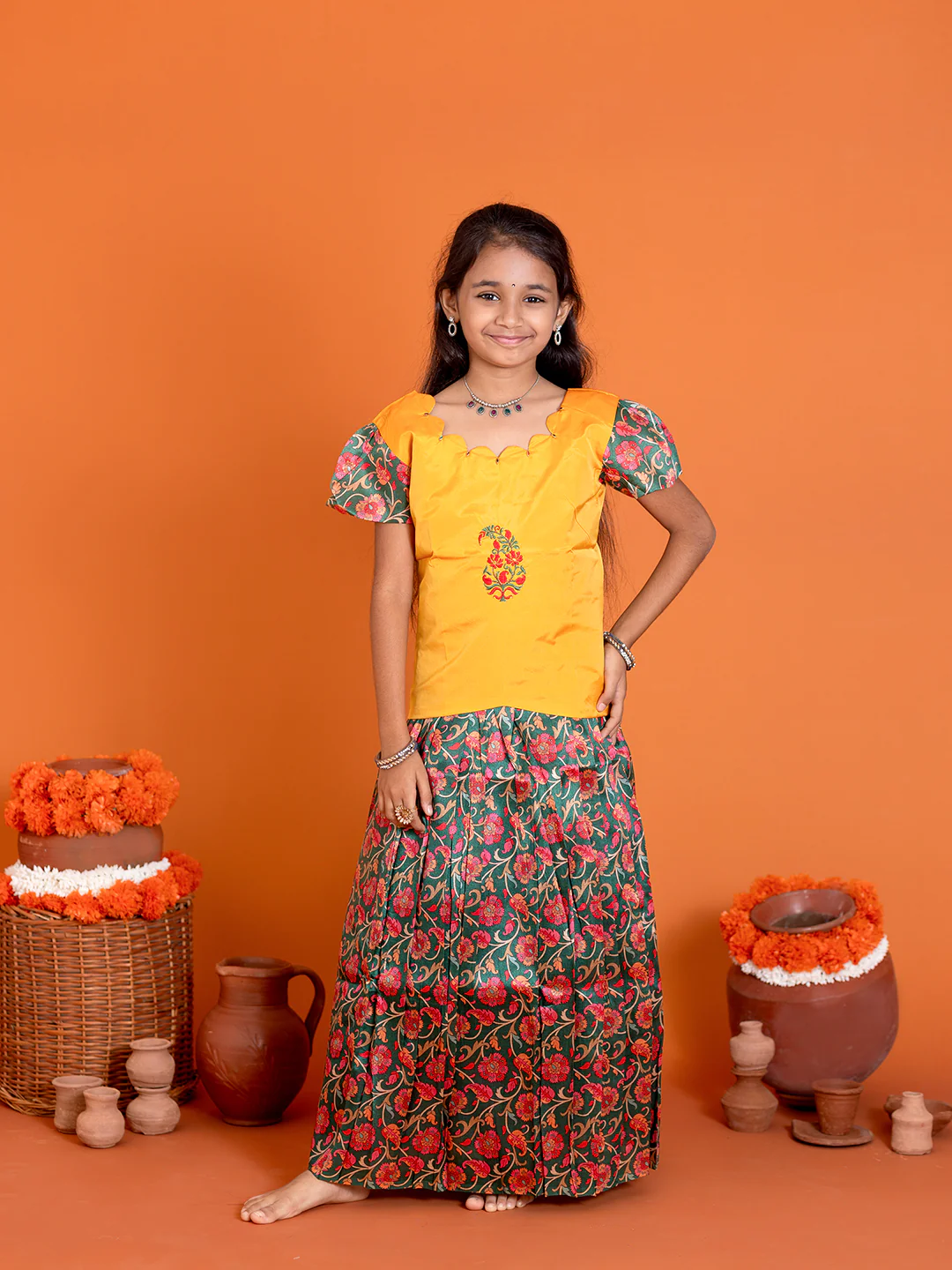 Girls Pattu Pavadai Set Yellow with Green Traditional Ethnic Wear GPS31 - Image 5
