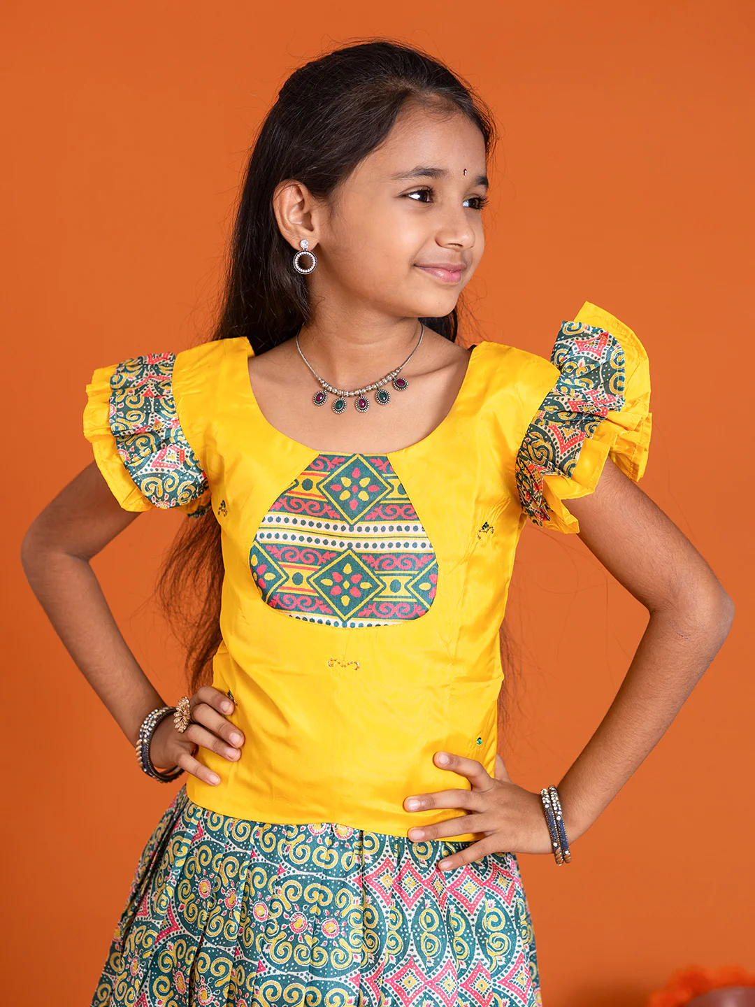 Girls Pattu Pavadai Set Yellow with Green Traditional Ethnic Wear GPS38 - Image 2