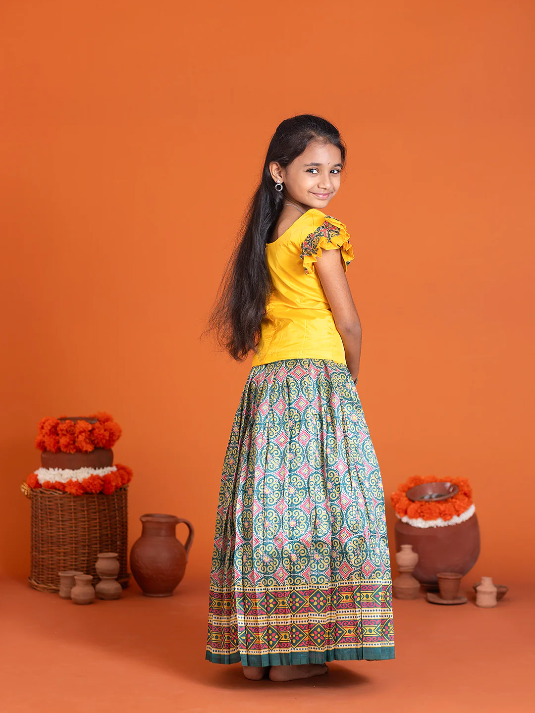 Girls Pattu Pavadai Set Yellow with Green Traditional Ethnic Wear GPS38 - Image 4