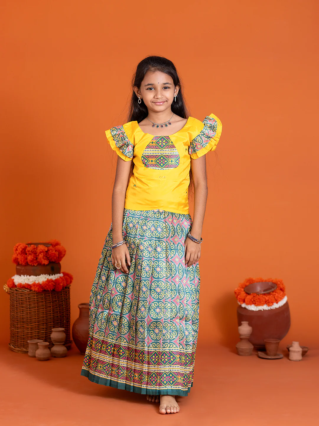 Girls Pattu Pavadai Set Yellow with Green Traditional Ethnic Wear GPS38 - Image 5