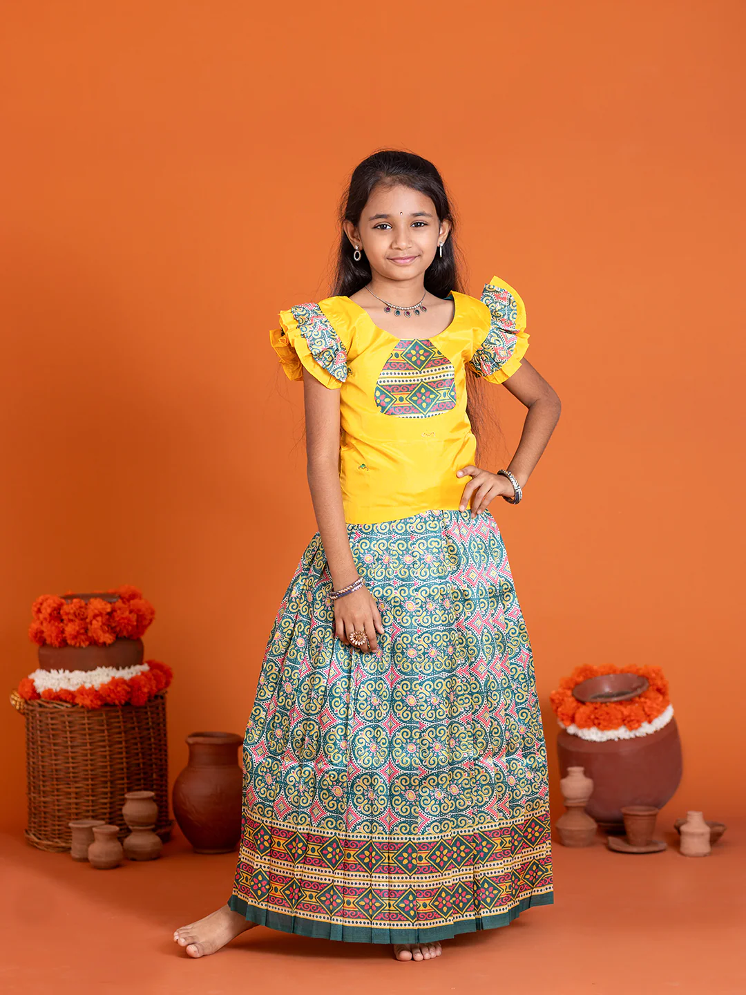 Girls Pattu Pavadai Set Yellow with Green Traditional Ethnic Wear GPS38 - Image 6