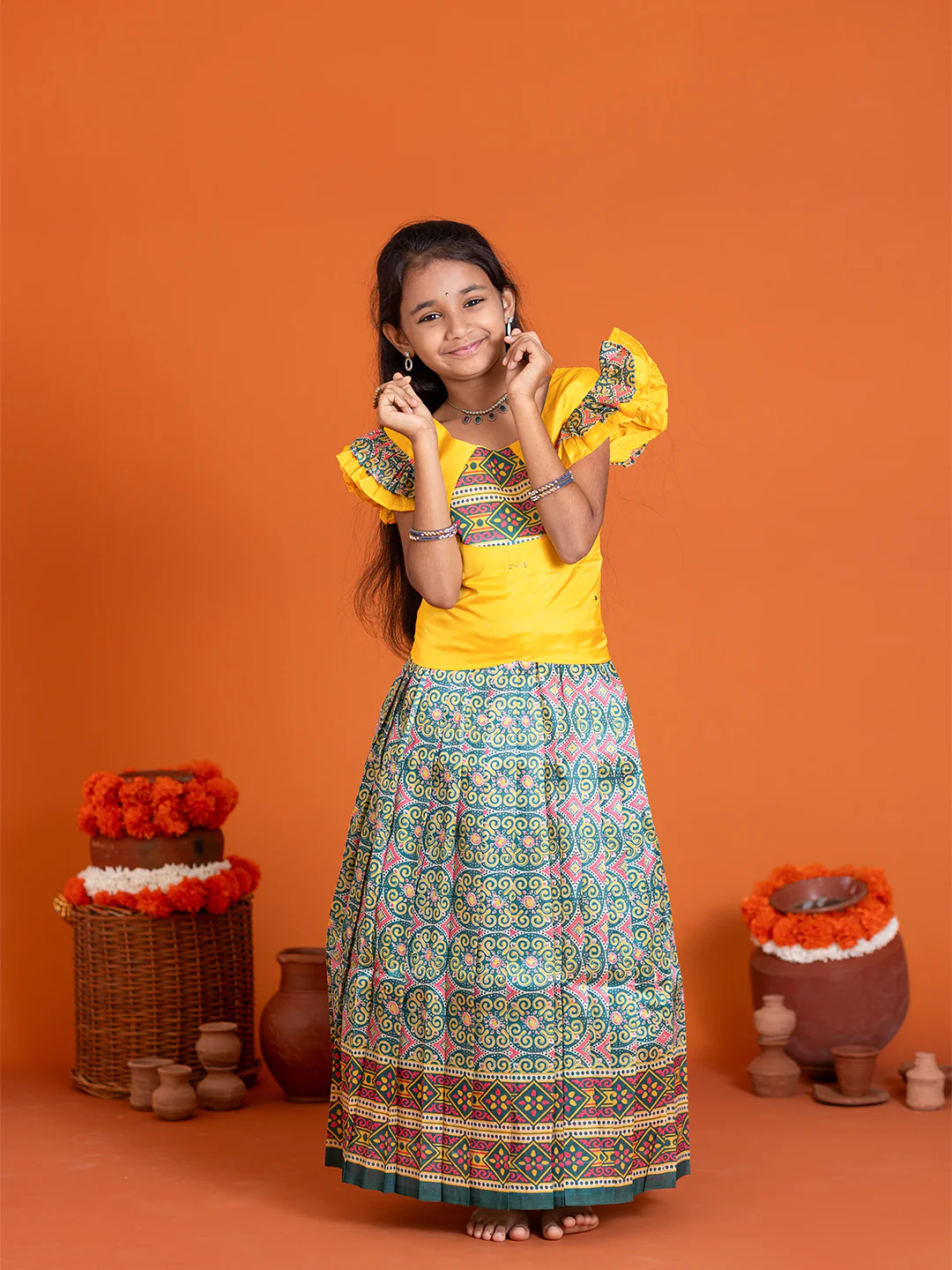Girls Pattu Pavadai Set Yellow with Green Traditional Ethnic Wear GPS38 - Image 7