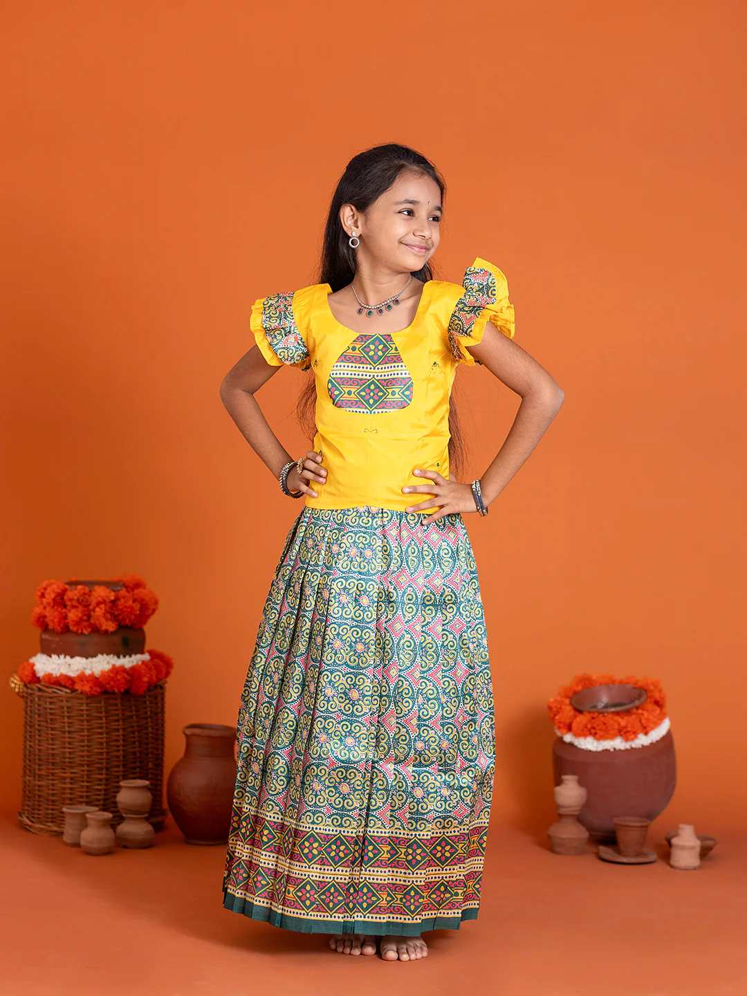 Girls Pattu Pavadai Set Yellow with Green Traditional Ethnic Wear GPS38 - Image 8