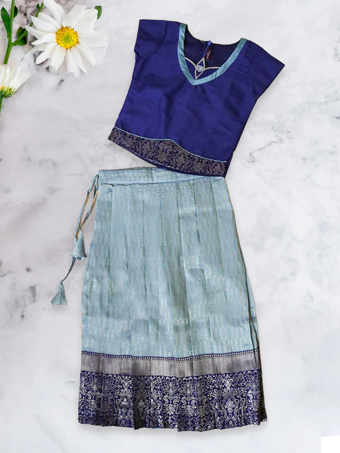 Girls Traditional Silk Cotton Skirt Set Blue GPS22
