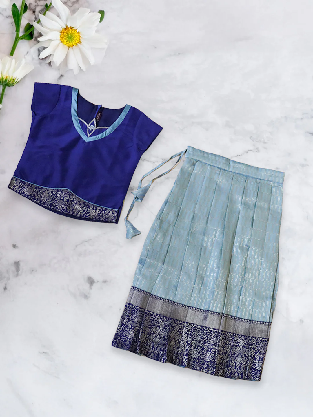 Girls Traditional Silk Cotton Skirt Set Blue GPS22 - Image 2