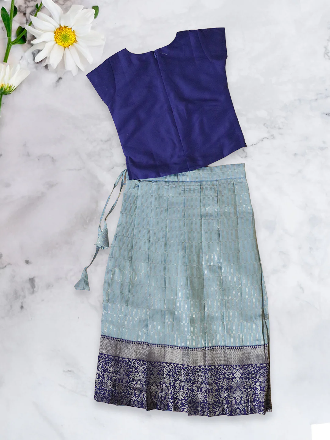 Girls Traditional Silk Cotton Skirt Set Blue GPS22 - Image 5