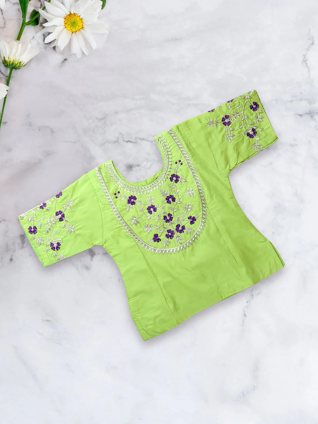Girls Traditional Silk Cotton Skirt Set Lemongreen with Violet GPS16 - Image 2
