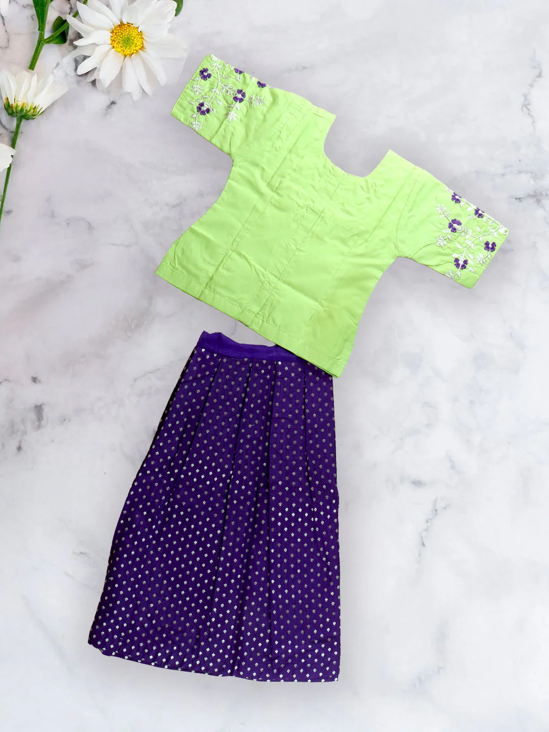 Girls Traditional Silk Cotton Skirt Set Lemongreen with Violet GPS16 - Image 6