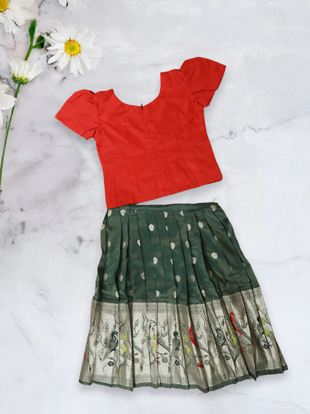 Girls Traditional Skirt Set Red with Green GPS19 - Image 4