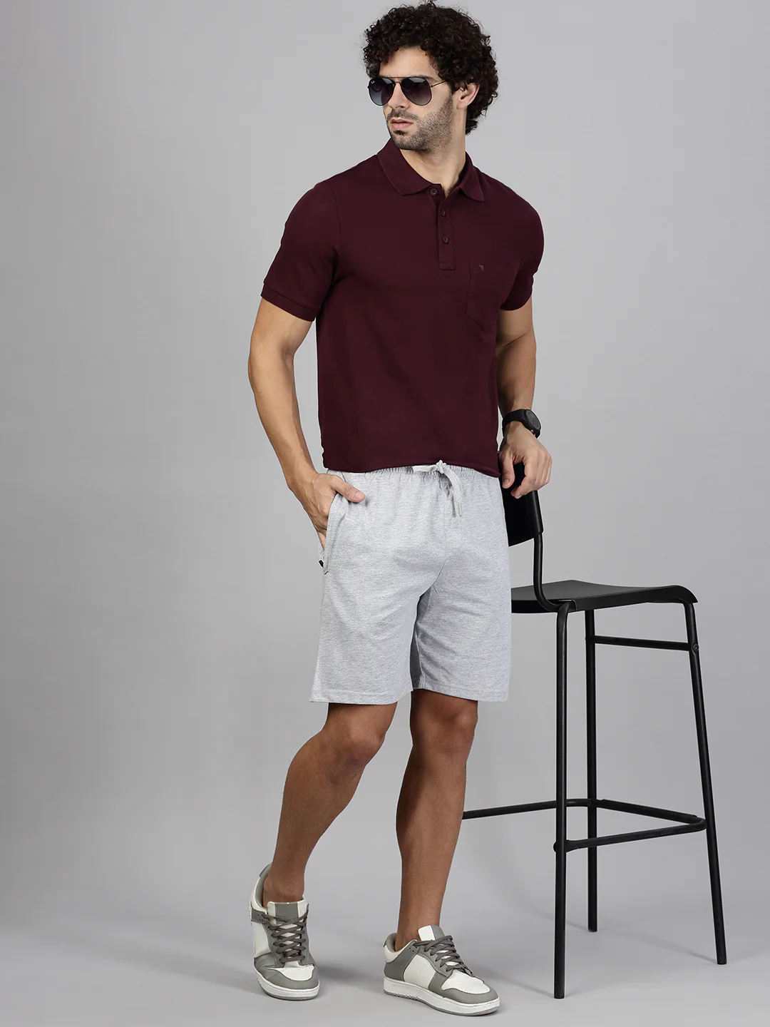 Grape Polo T-shirt with Grey Shorts Combo