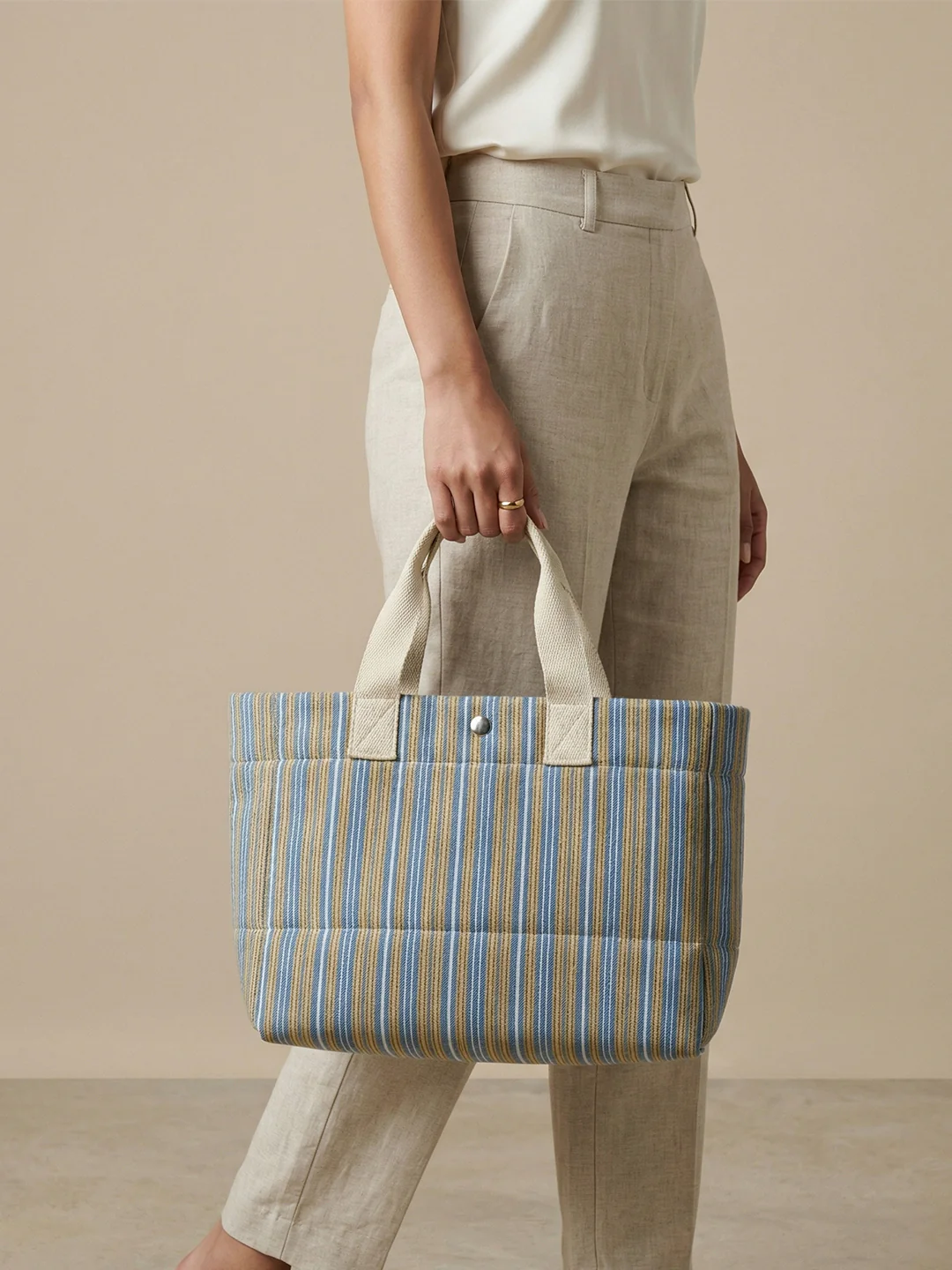 Handwoven Jamakkalam Tote Bag – Blue Base with Yellow & White Striped | Premium Cotton Hand Bag - Image 2