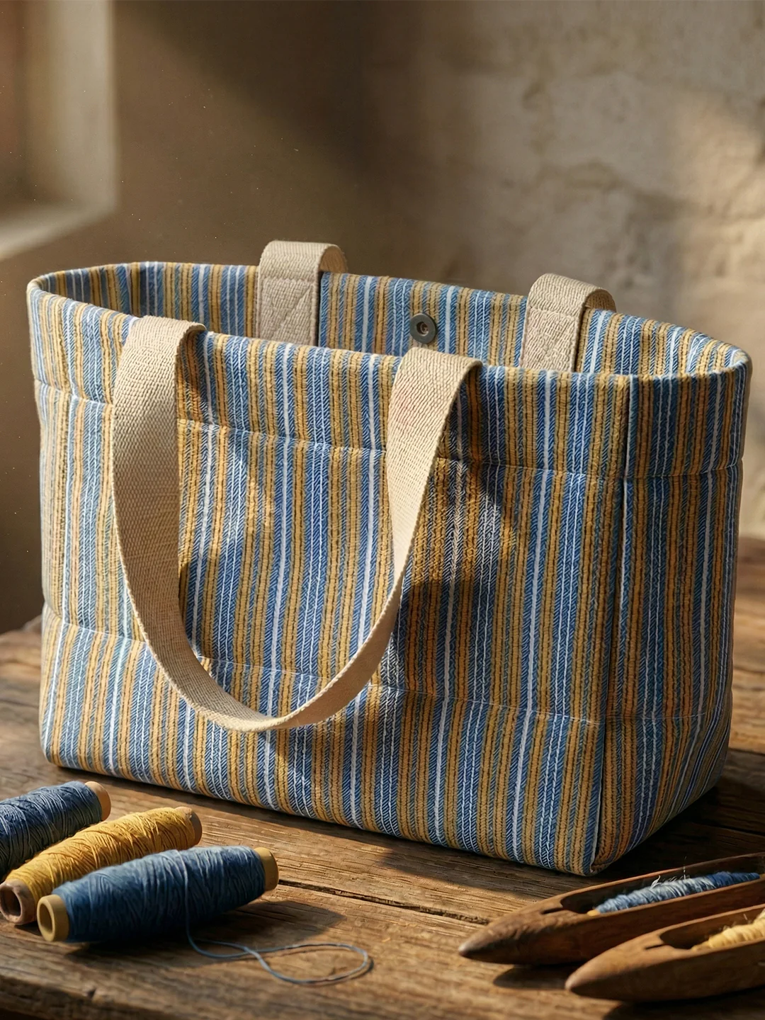 Handwoven Jamakkalam Tote Bag – Blue Base with Yellow & White Striped | Premium Cotton Hand Bag - Image 6