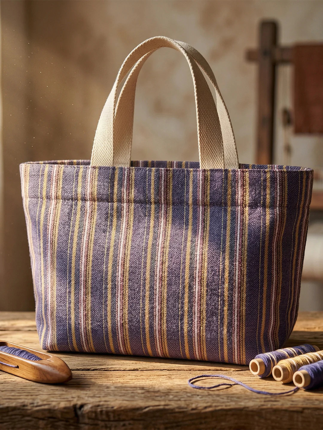 Handwoven Jamakkalam Tote Bag – Purple Base with Yellow & White Stripes | Premium Cotton Hand Bag - Image 2