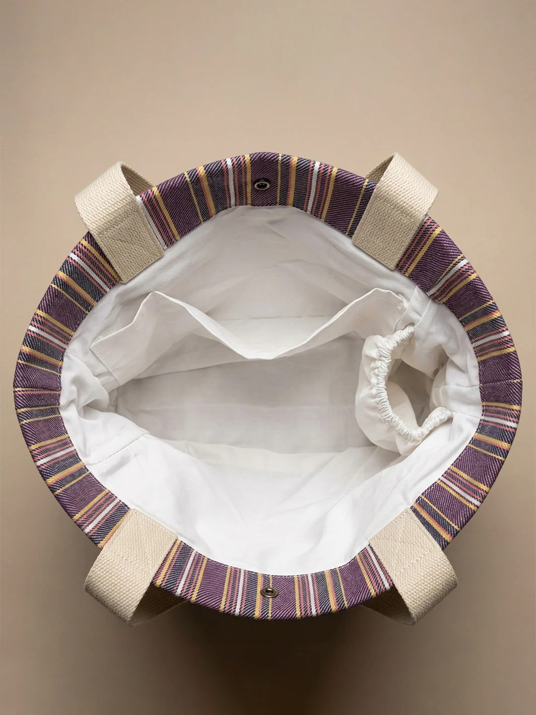 Handwoven Jamakkalam Tote Bag – Purple Base with Yellow & White Stripes | Premium Cotton Hand Bag - Image 3