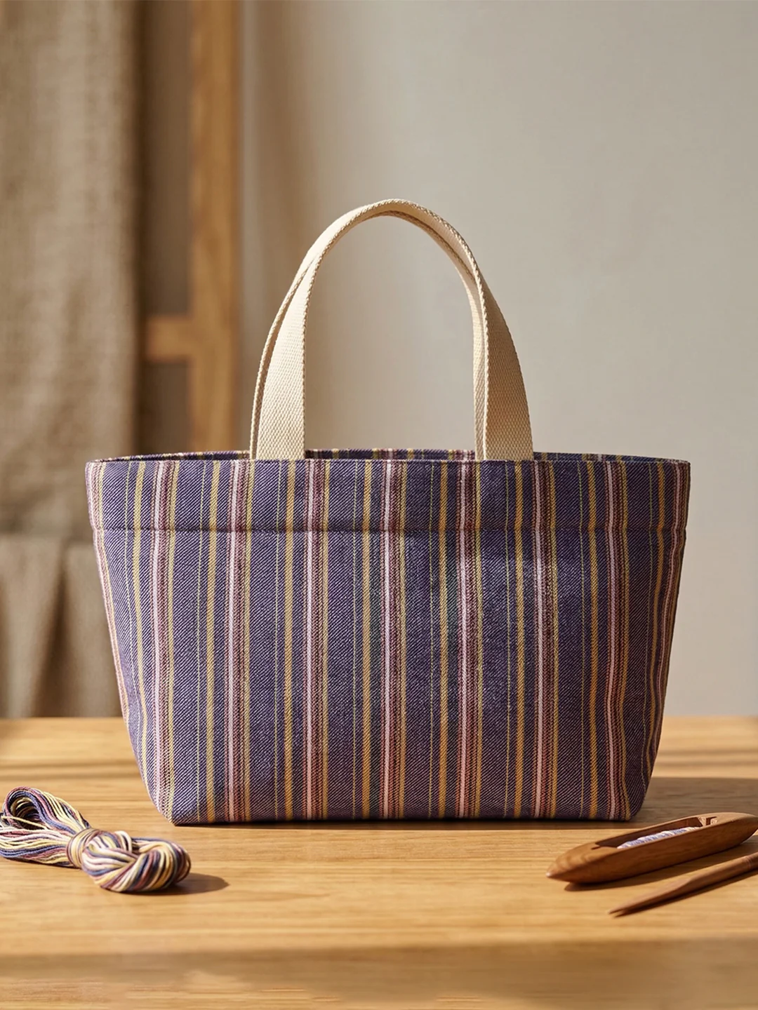 Handwoven Jamakkalam Tote Bag – Purple Base with Yellow & White Stripes | Premium Cotton Hand Bag - Image 8