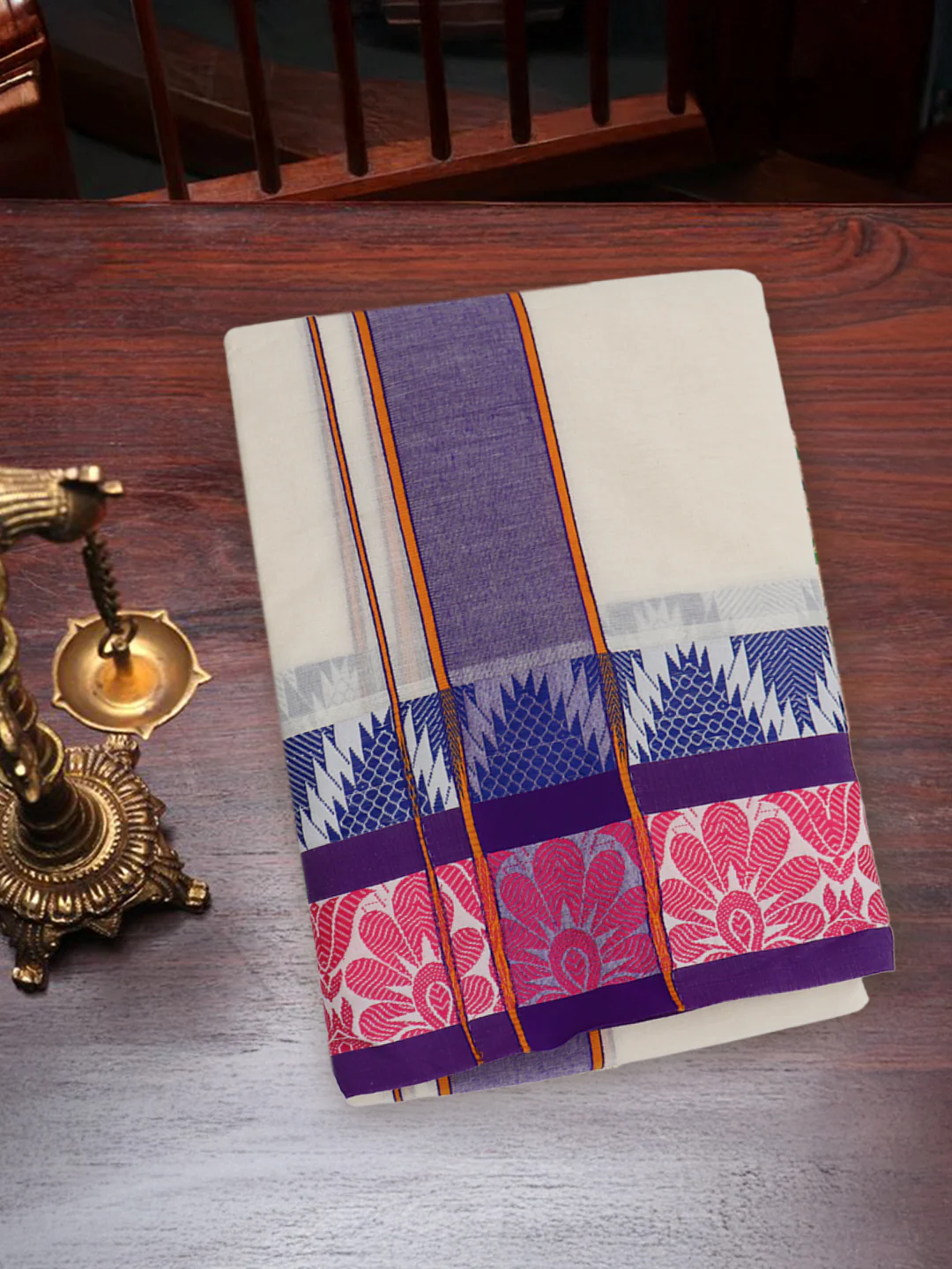Kora Cotton Fancy Jari Border Panchakacham with Angavasthram (9+5) Fancy Pet Kora FPK02 - Image 2