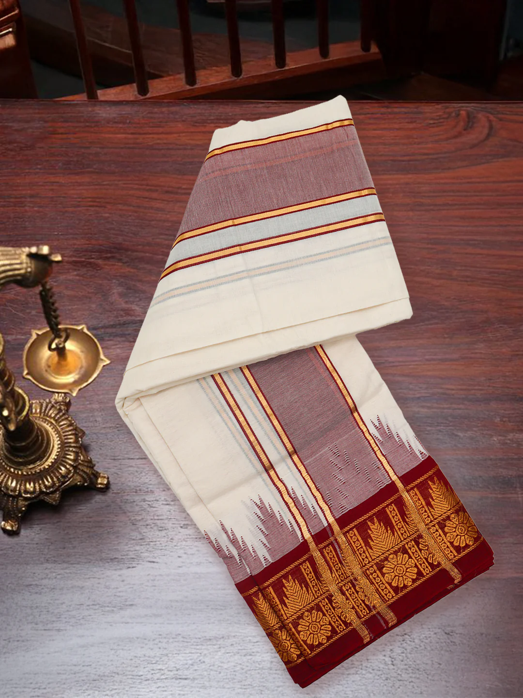 Kora Cotton Fancy Jari Border Panchakacham with Angavasthram (9+5) Seshachalam - Image 2