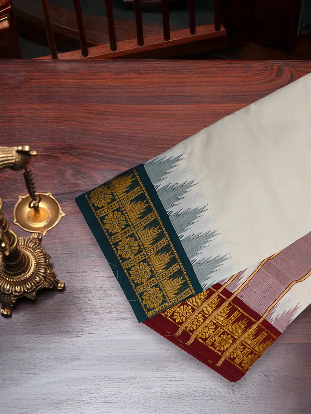 Kora Cotton Fancy Jari Border Panchakacham with Angavasthram (9+5) Seshachalam - Image 3