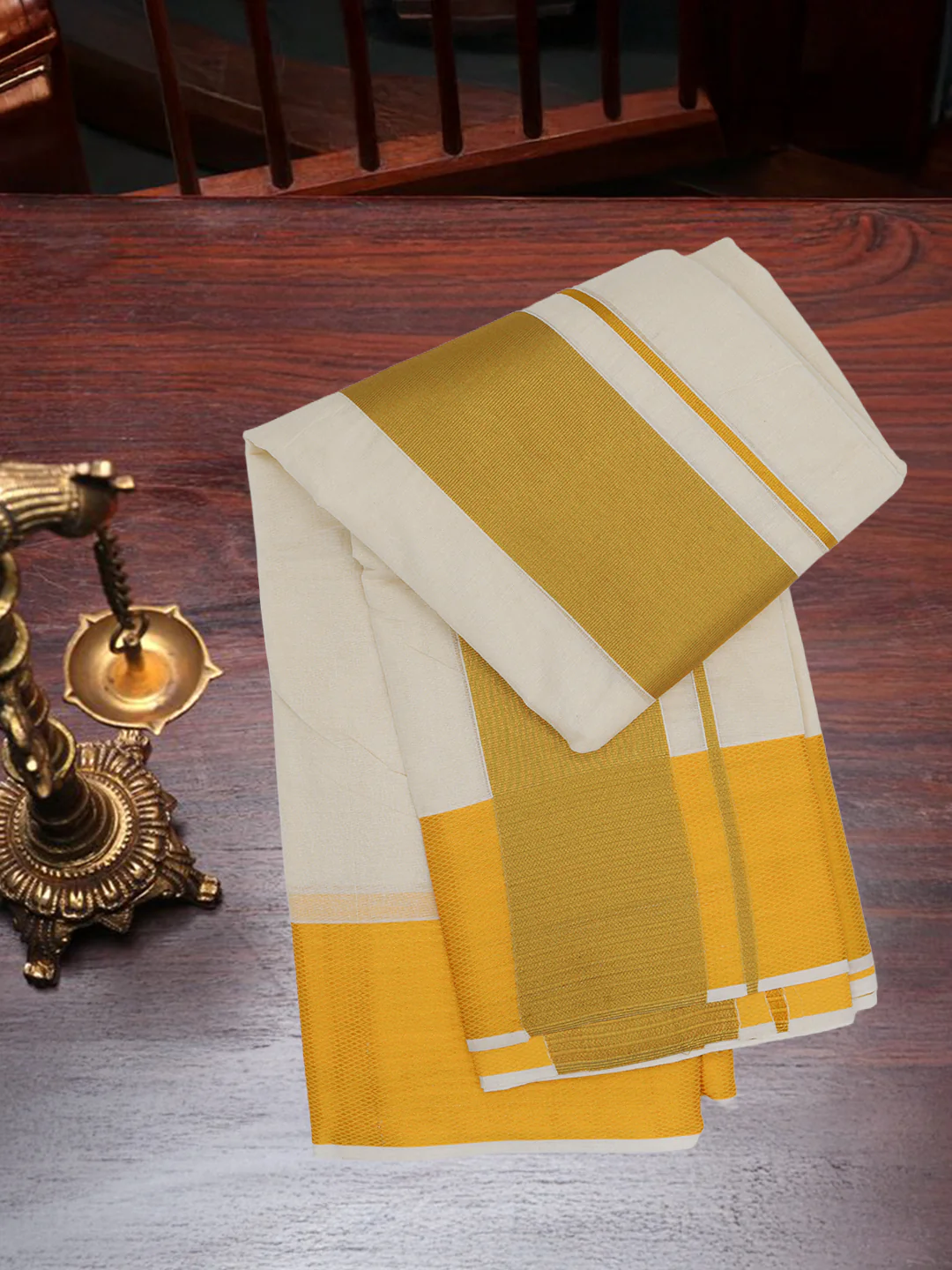 Kora Cotton Gold Jari Border Panchakacham with Angavasthram (9+5) - Image 2
