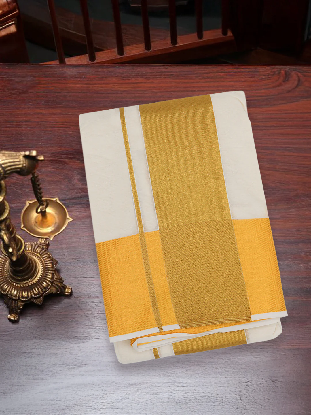 Kora Cotton Gold Jari Border Panchakacham with Angavasthram (9+5) - Image 5