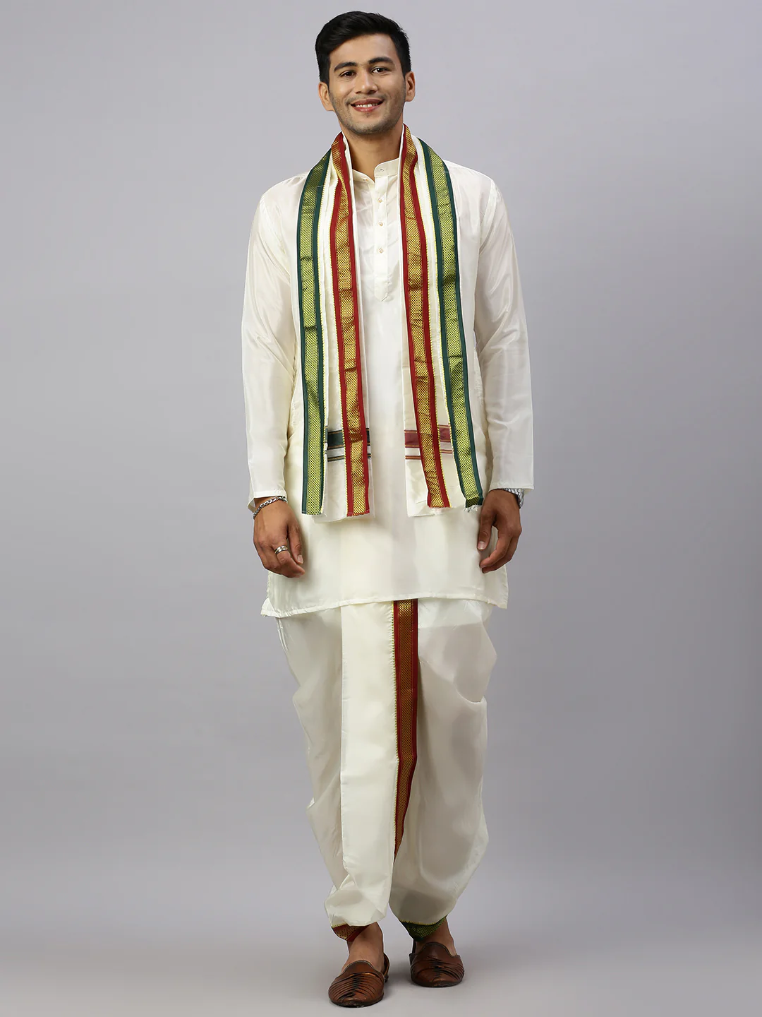 Like Father Like Son Cream Kurta and Mayilkhan Border Cream Panchakacham & Towel Set - Image 2