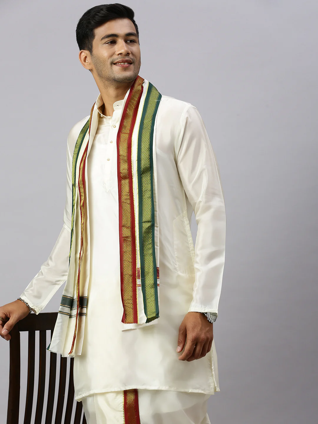 Like Father Like Son Cream Kurta and Mayilkhan Border Cream Panchakacham & Towel Set - Image 4