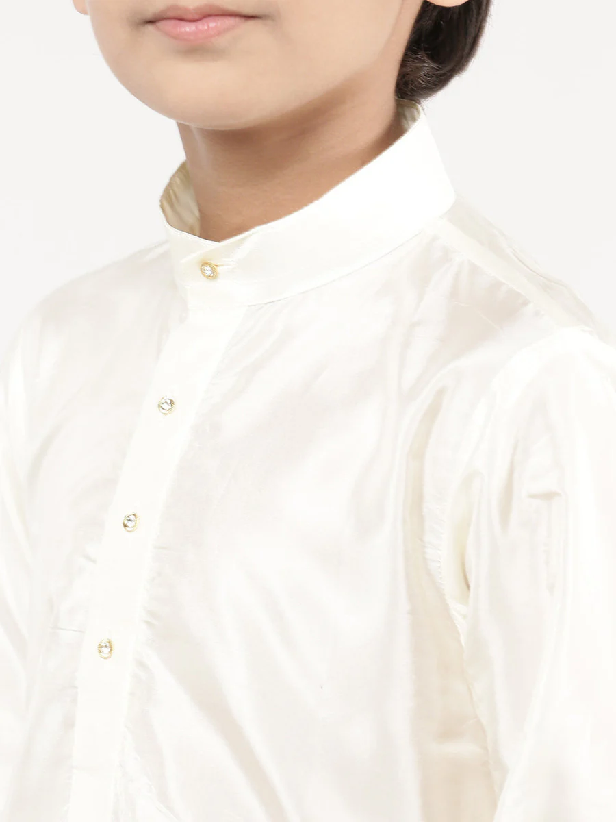 Like Father Like Son Cream Kurta and Mayilkhan Border Cream Panchakacham & Towel Set - Image 5