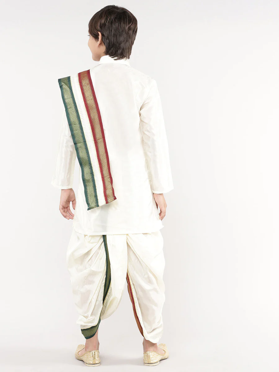 Like Father Like Son Cream Kurta and Mayilkhan Border Cream Panchakacham & Towel Set - Image 7